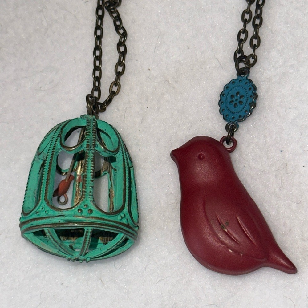 New Bird and Birdcage Long Pendant Necklace Teal Verdigris Red Bronze Tone 30in